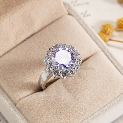 Blue Crystal and Cubic Zirconia Silver-Plated Halo Ring, silver statement rings for women, front view