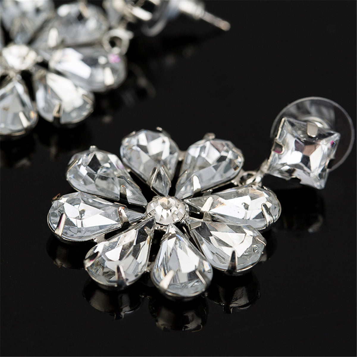 Cubic Zirconia and Crystal Flower Drop Earrings, drop earrings for women, vintage-inspired design, detail close-up