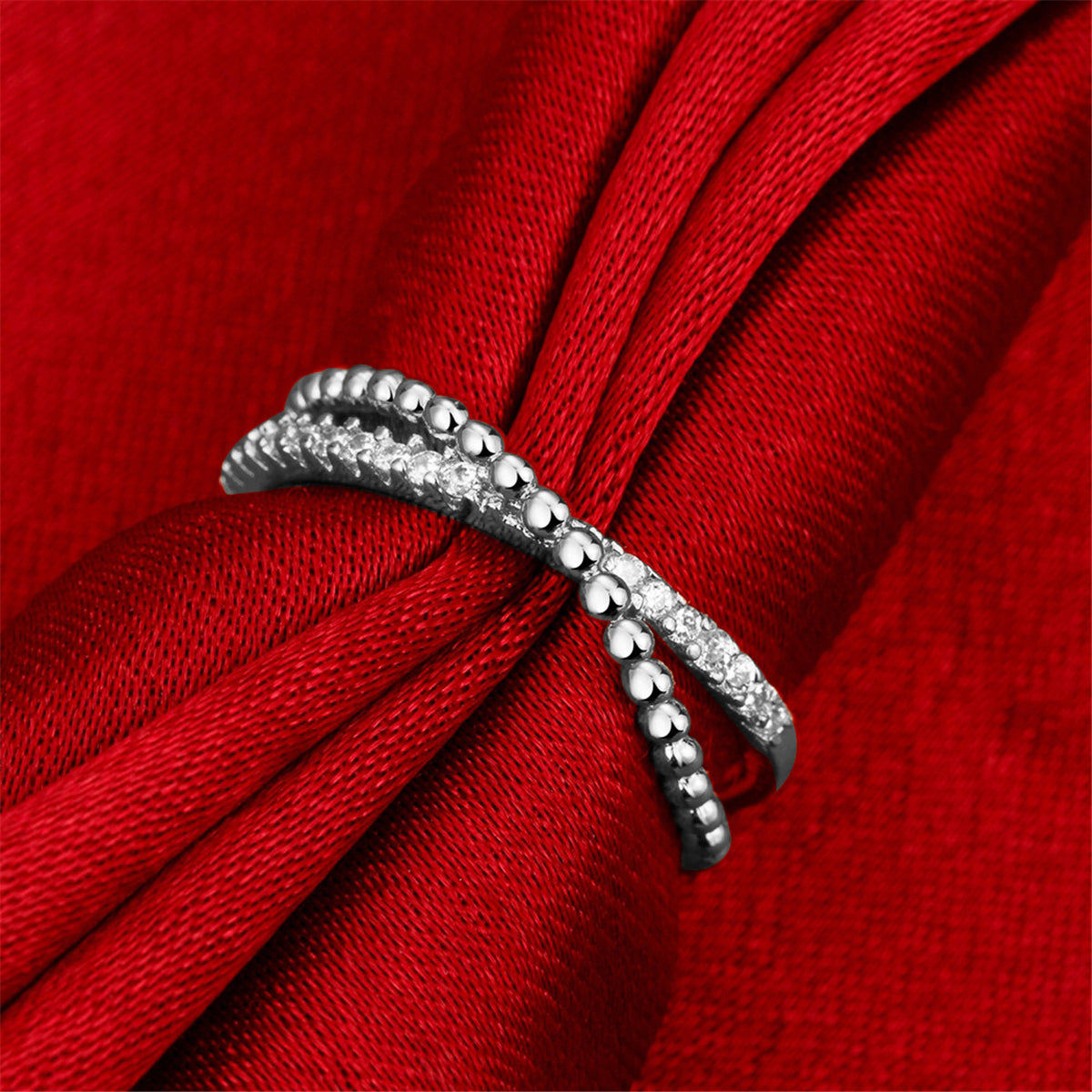 Cubic Zirconia and Silver-Plated Crossed Line Ring, silver statement rings for women, everyday style, side view
