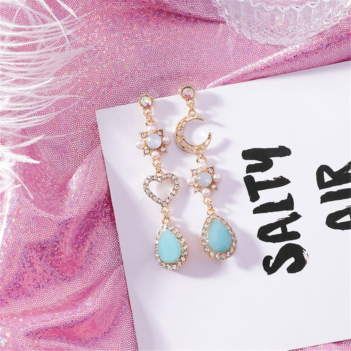 Aqua Moonstone and Pearl 18K Gold-Plated Asymmetrical Moon Heart Drop Earrings, gold drop earrings for women, front view