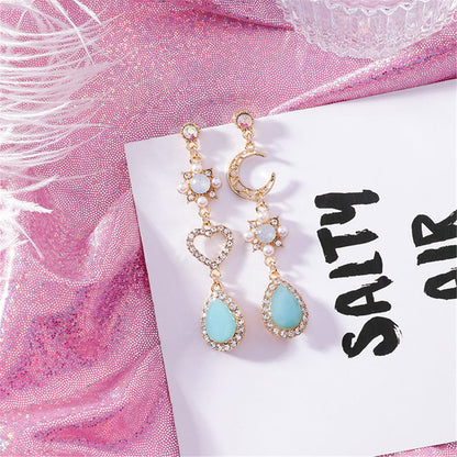 Aqua Moonstone and Pearl 18K Gold-Plated Asymmetrical Moon Heart Drop Earrings, gold drop earrings for women, front view