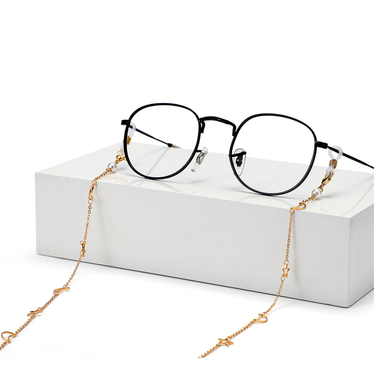 Pearl and 18K Gold-Plated Celestial Station Glasses Chain, elegant gift for her, side view
