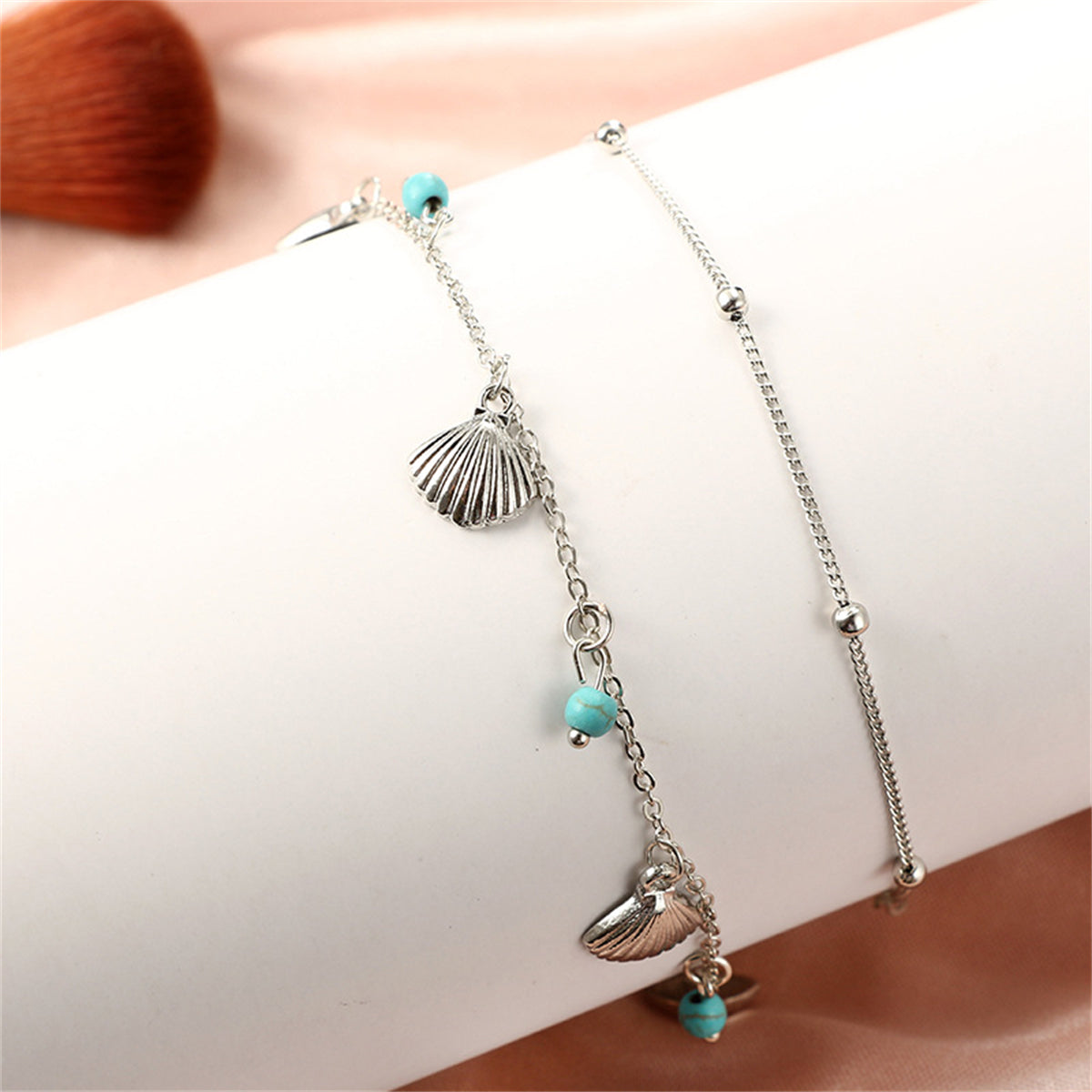 Turquoise & Silver-Plated Shell Station Anklet Set