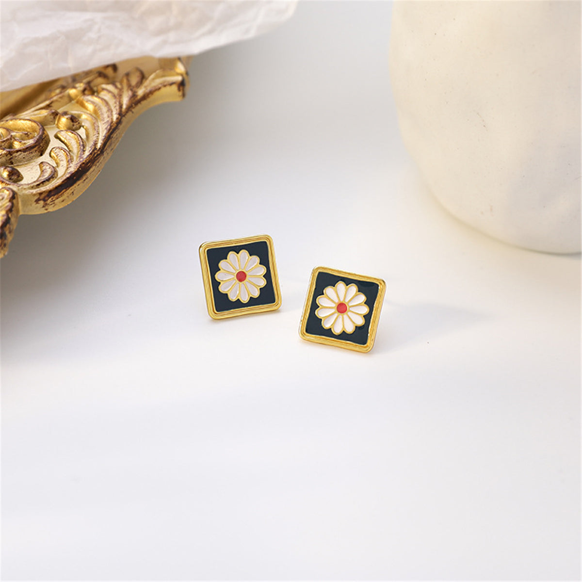 Black Enamel and 18K Gold-Plated Mum Square Stud Earrings, gold stud earrings for women, detail close-up