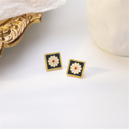 Black Enamel and 18K Gold-Plated Mum Square Stud Earrings, gold stud earrings for women, detail close-up