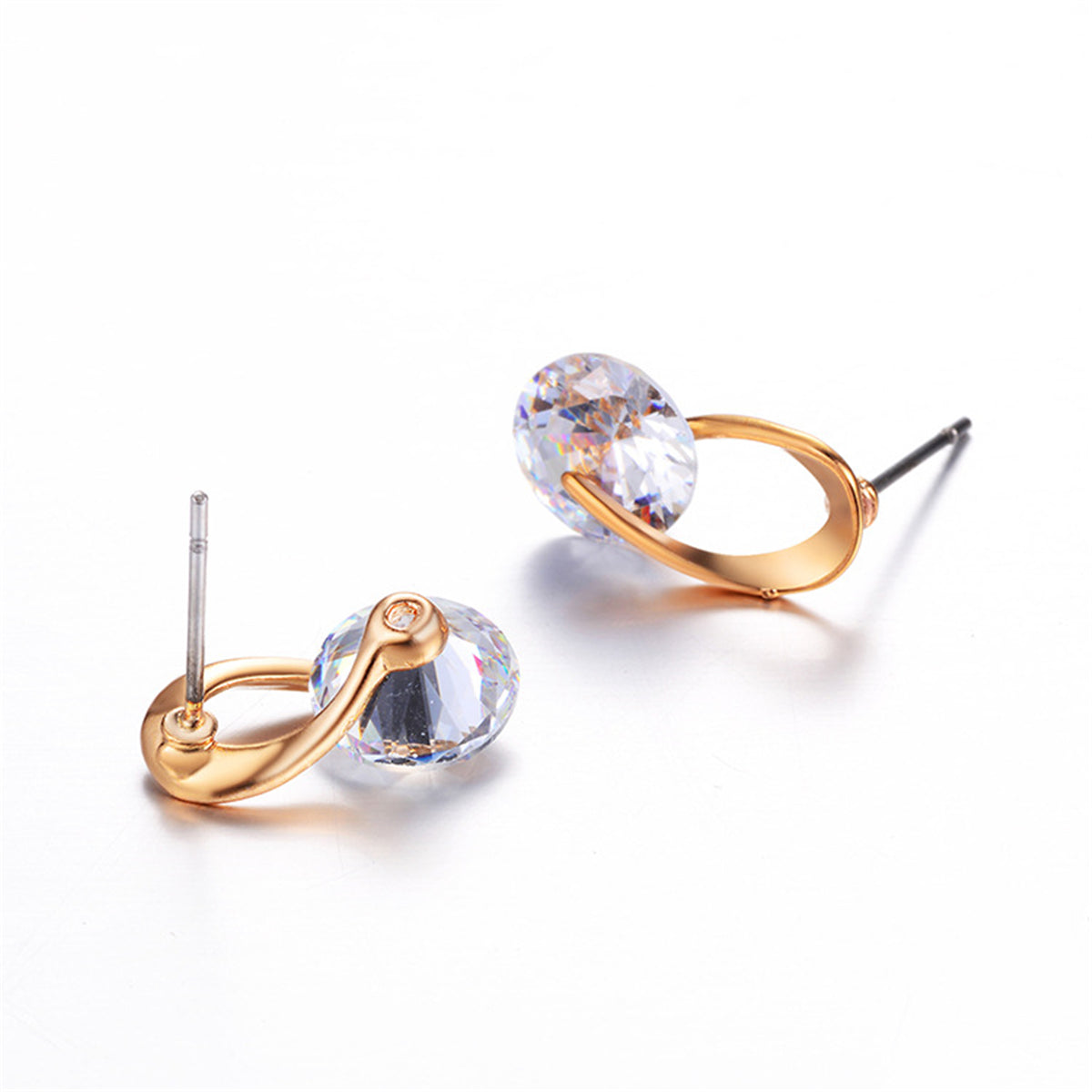 Crystal and 18K Gold-Plated Round-Cut Drop Earrings, gold drop earrings for women, everyday style, detail close-up