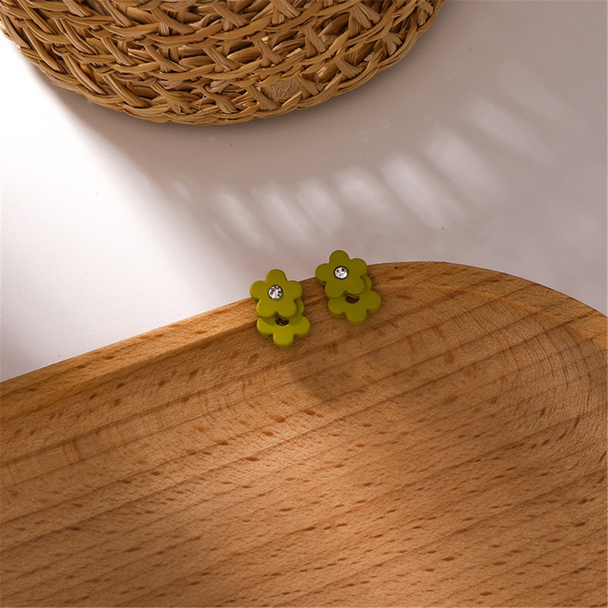 Cubic Zirconia and Green Enamel Flower Stud Earrings, stud earrings for women, dainty minimalist design, side view