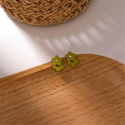Cubic Zirconia and Green Enamel Flower Stud Earrings, stud earrings for women, dainty minimalist design, side view