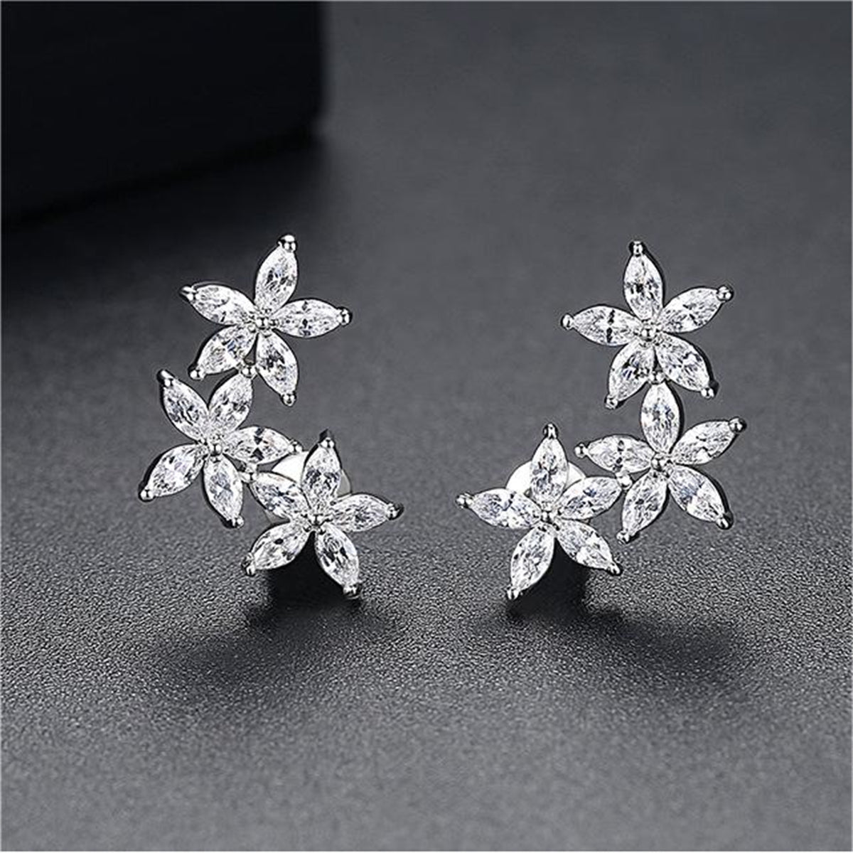 Crystal and Silver-Plated Flowers Ear Climbers, silver stud earrings for women, everyday style, side view