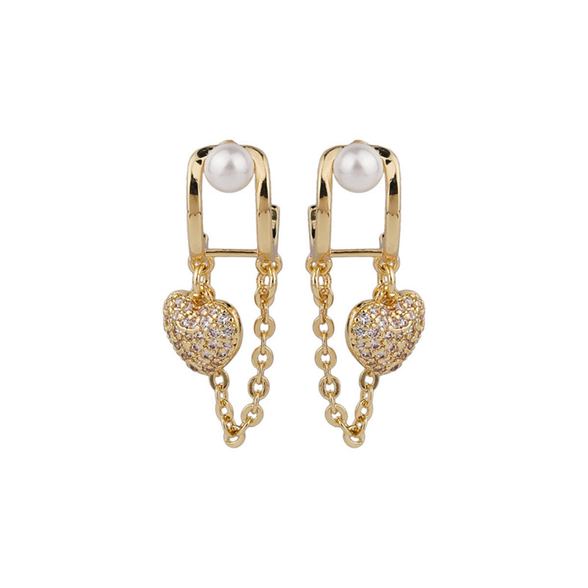 Cubic Zirconia & Pearl Heart Chain Huggie Earrings