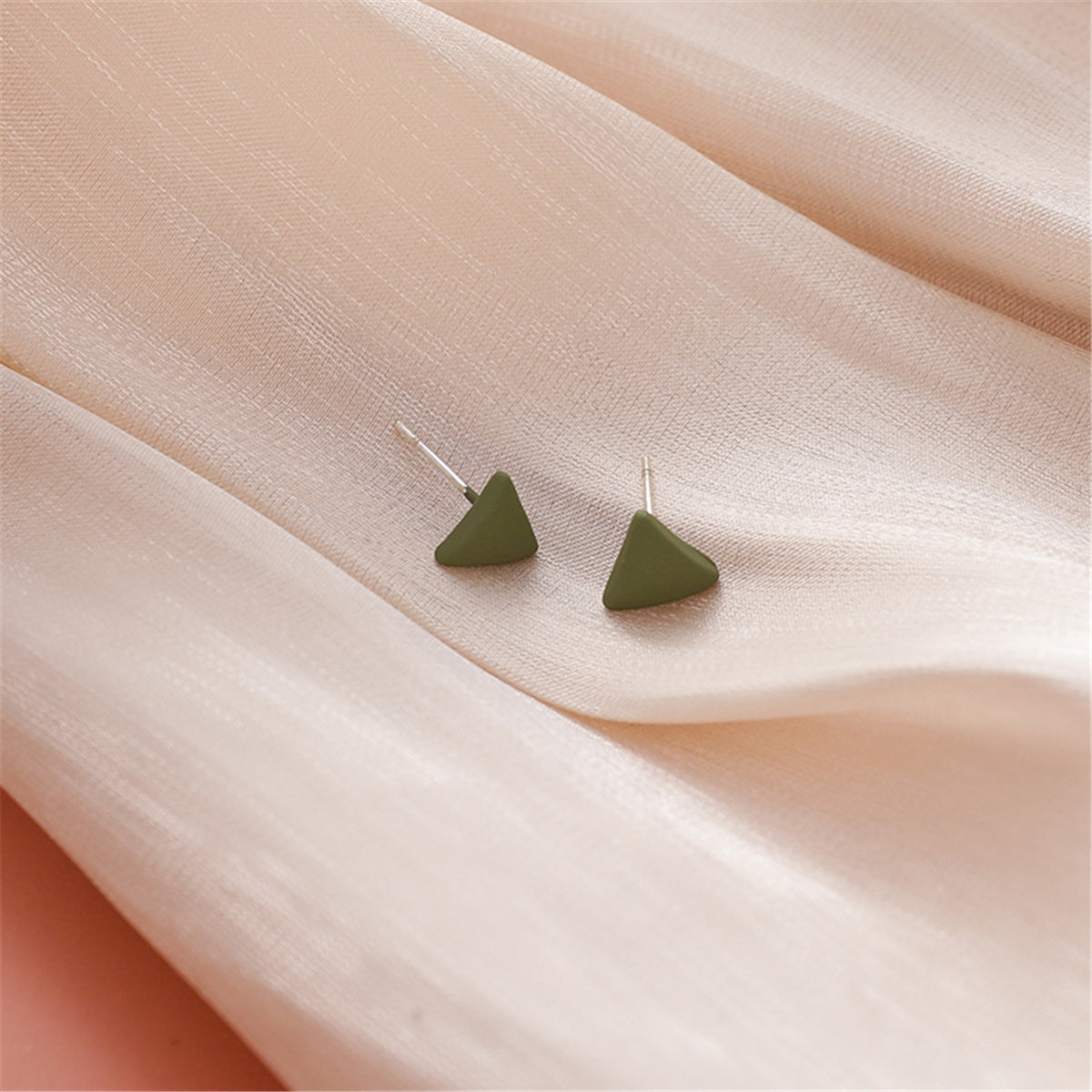 Green Enamel and Silver-Plated Triangle Stud Earrings, silver stud earrings for women, dainty minimalist design, front view