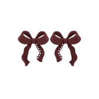 Wine Red Enamel & Pearl Bow Stud Earrings