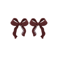 Wine Red Enamel & Pearl Bow Stud Earrings