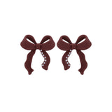 Wine Red Enamel & Pearl Bow Stud Earrings