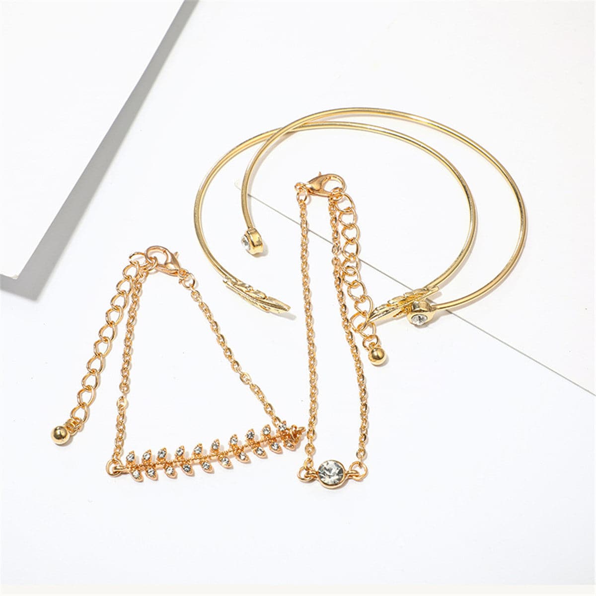 Cubic Zirconia & 18K Gold-Plated Leaf Charm Bracelet Set