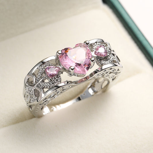 Pink Crystal and Cubic Zirconia Heart Band Ring, jewelry gift sets for women, elegant gift for her, front view