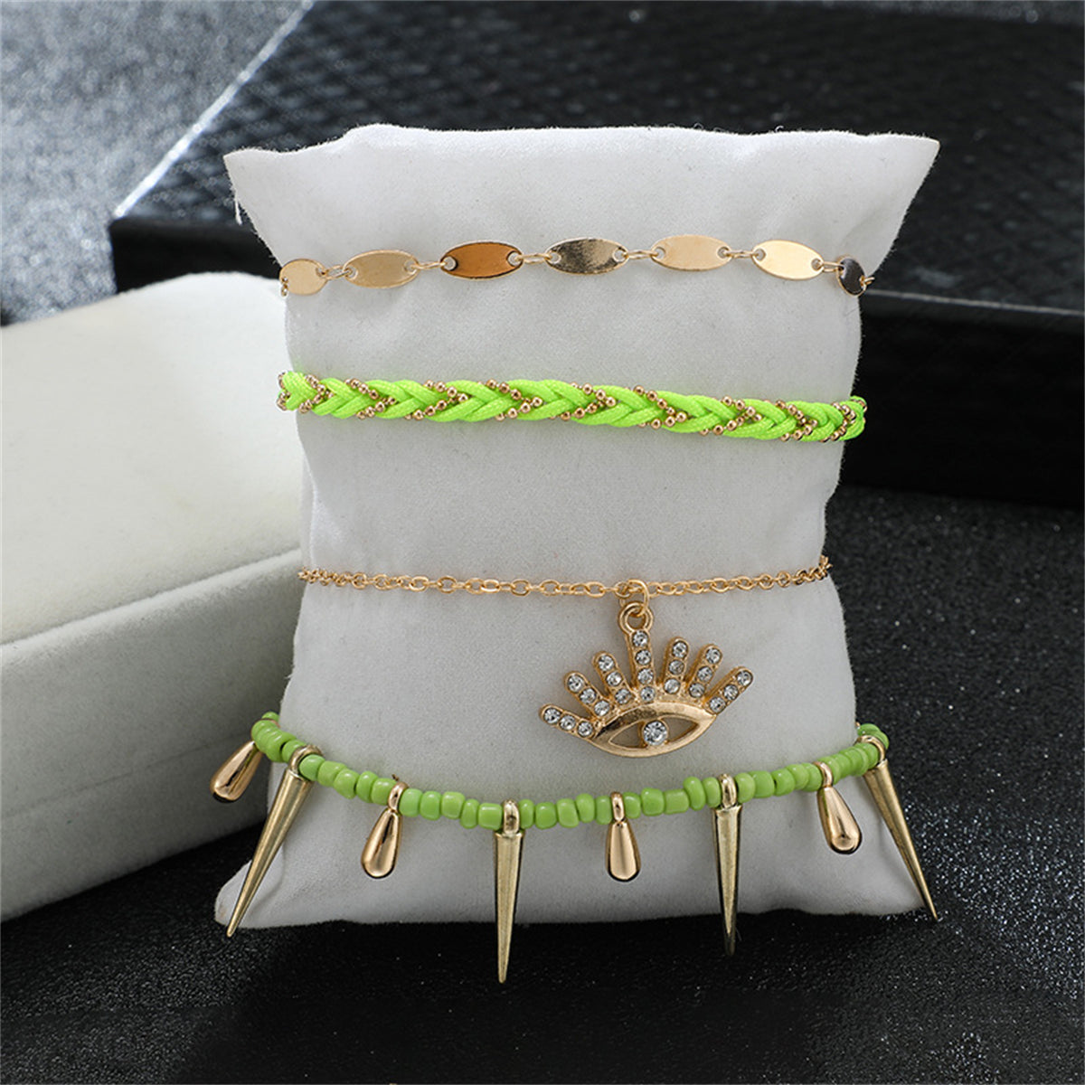 Green & Cubic Zirconia Evil Eye Charm Anklet Set