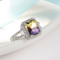 Yellow & Purple Crystal Cubic Zirconia Silver-Plated Princess-Cut Halo Ring