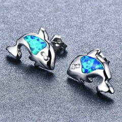 Blue Opal & Cubic Zirconia Dolphin Stud Earrings