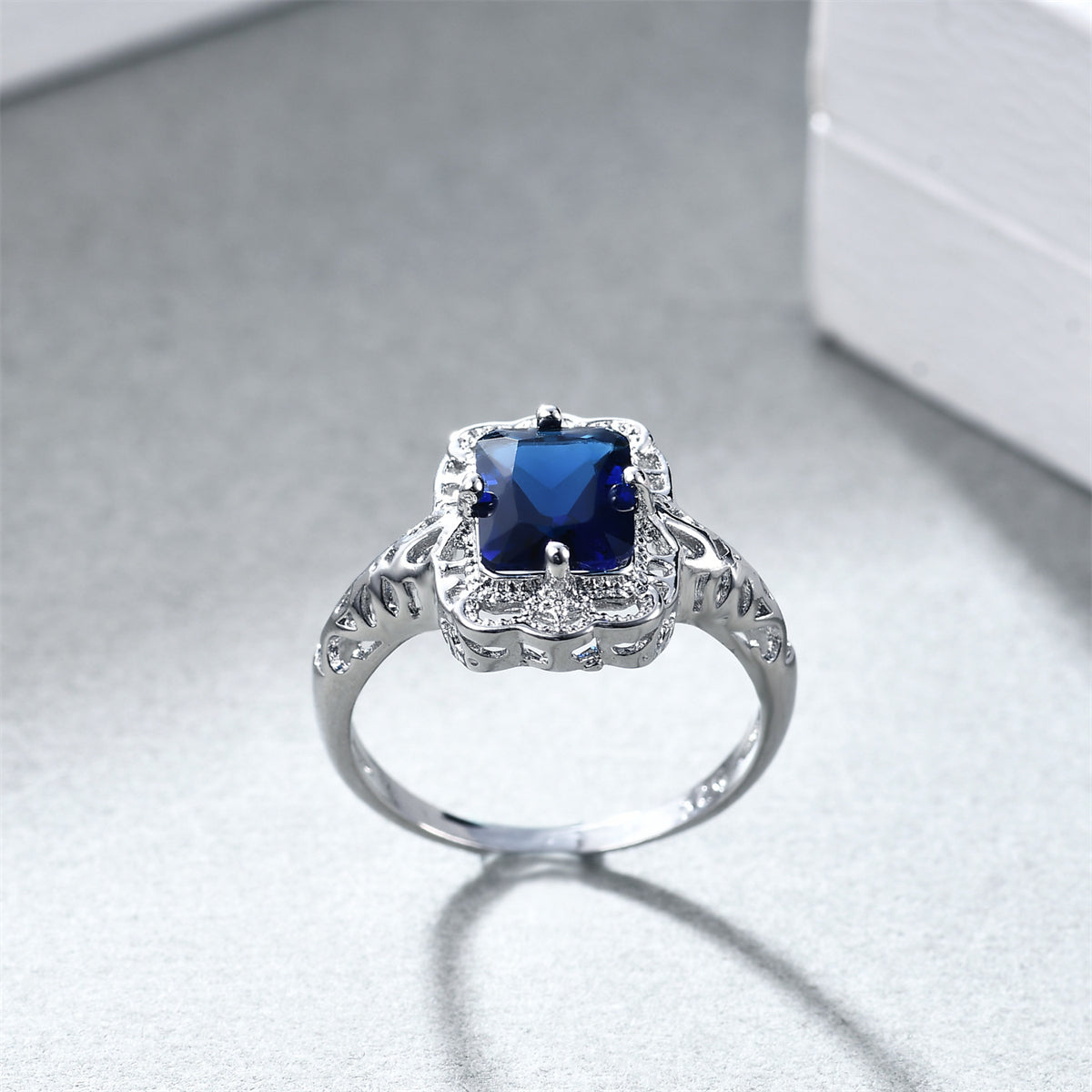 Navy Crystal & Silver-Plated Radiant-Cut Ring