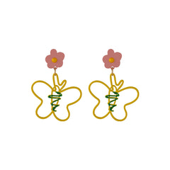 Yellow & Pink Flower Butterfly Drop Earrings