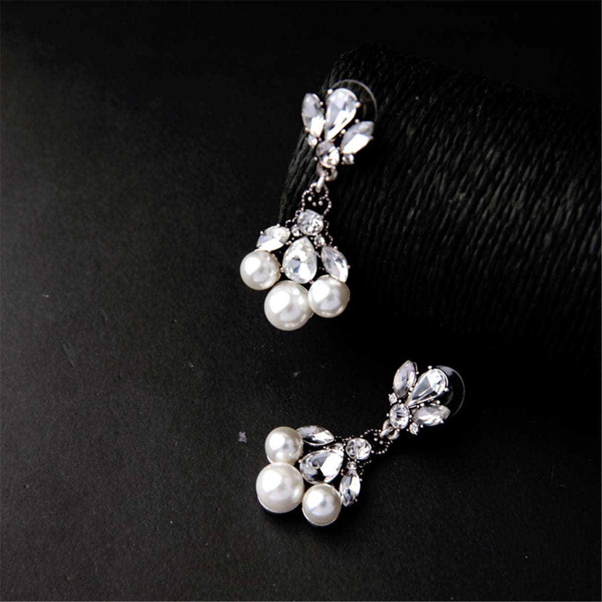 Crystal & Pearl Silver-Plated Flower Cluster Drop Earrings