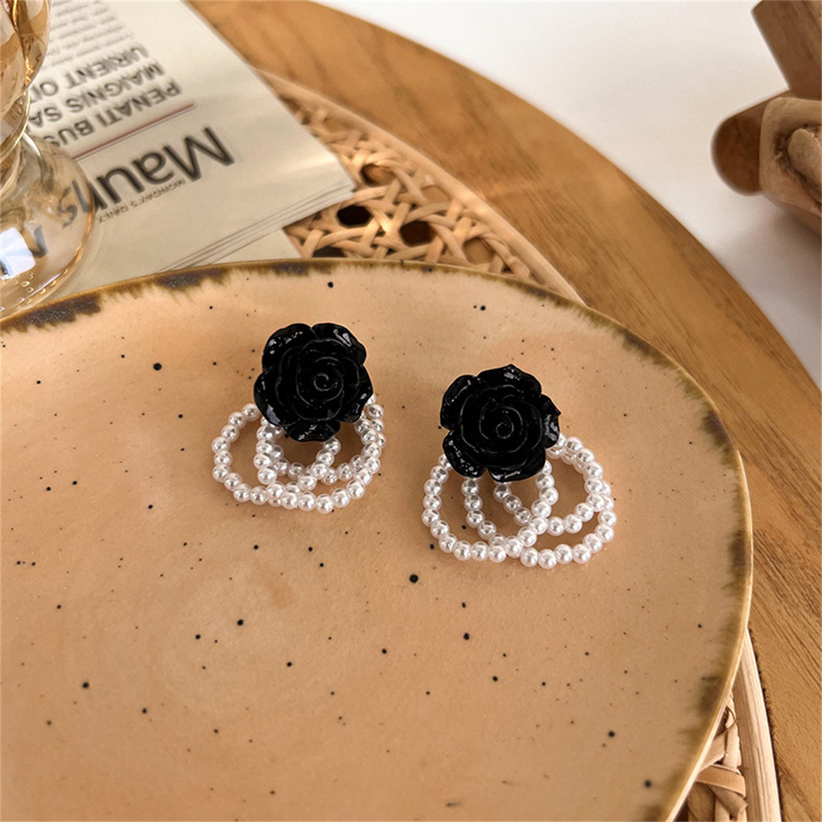 Black Resin & Pearl Silver-Plated Flower Bead Tassel Drop Earrings