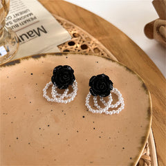Black Resin & Pearl Silver-Plated Flower Bead Tassel Drop Earrings