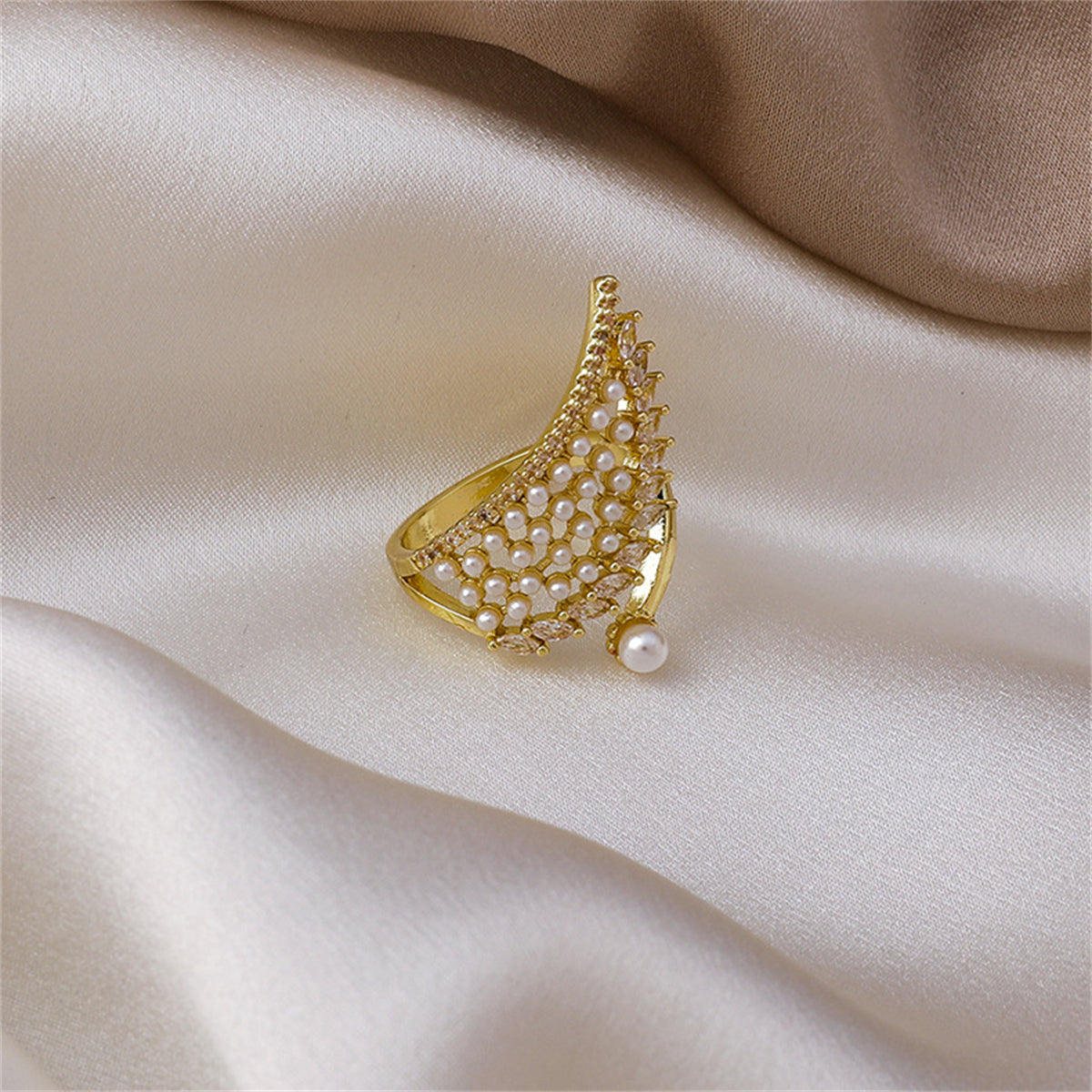 Cubic Zirconia and White Pearl 18K Gold-Plated Wing Bypass Ring, gold statement rings for women, styled look