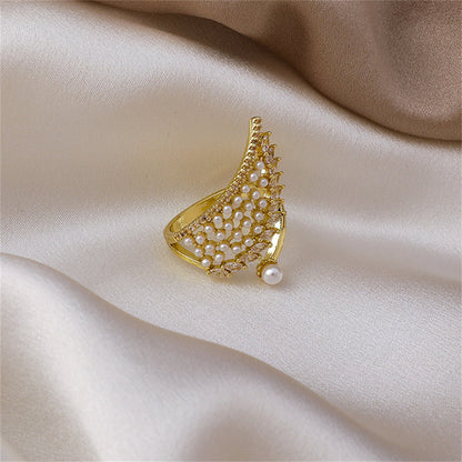 Cubic Zirconia and White Pearl 18K Gold-Plated Wing Bypass Ring, gold statement rings for women, styled look