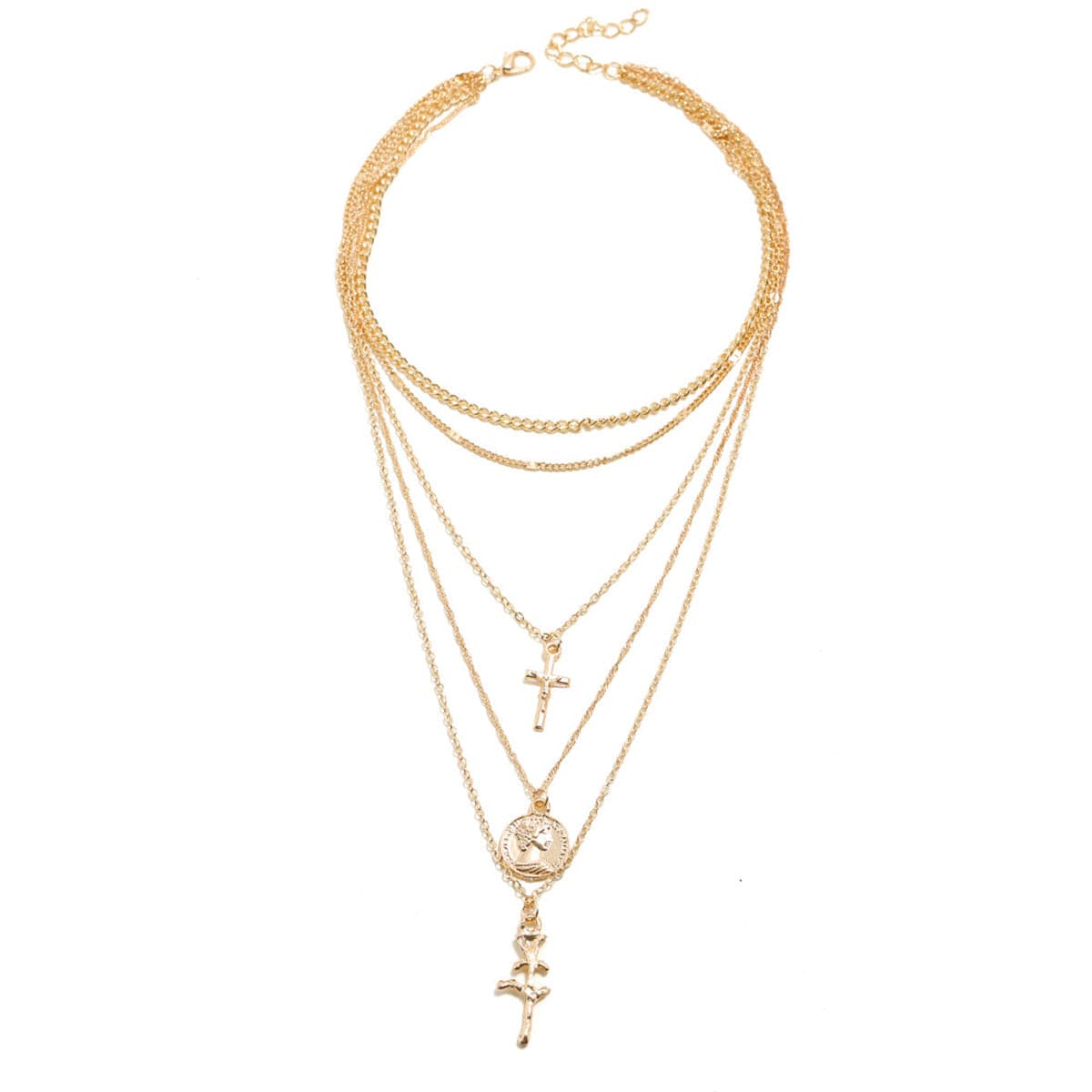 18K Gold-Plated Rose & Cross Layered Pendant Necklace