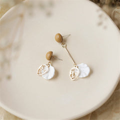 Taupe Acrylic & Shell Face Asymmetrical Drop Earrings