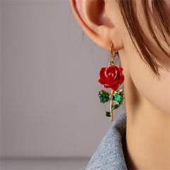 Red Enamel & 18K Gold-Plated Rose Drop Earrings