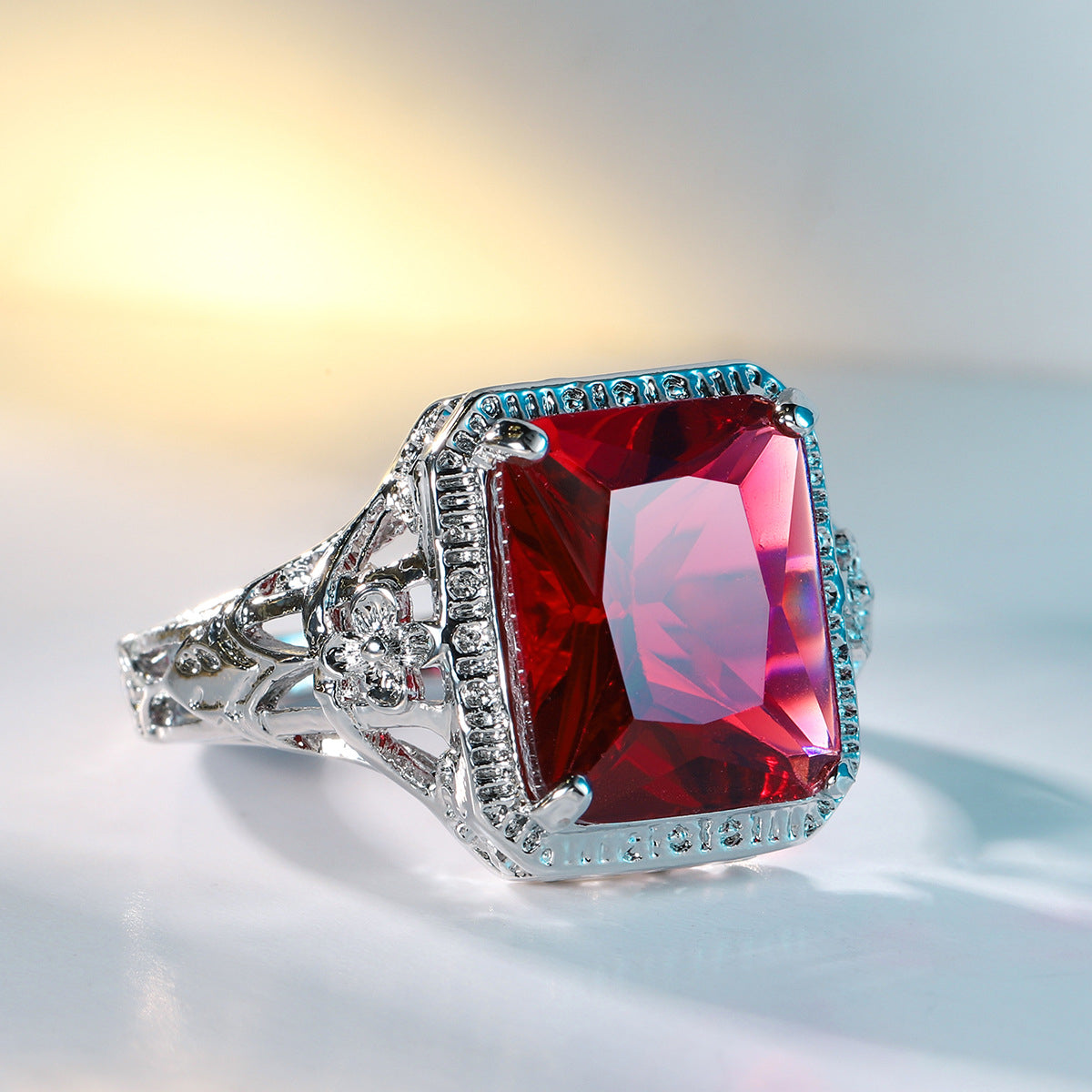 Red Crystal and Silver-Plated Openwork Floral Princess-Cut Ring, jewelry gift sets for women, botanical inspired, styled look