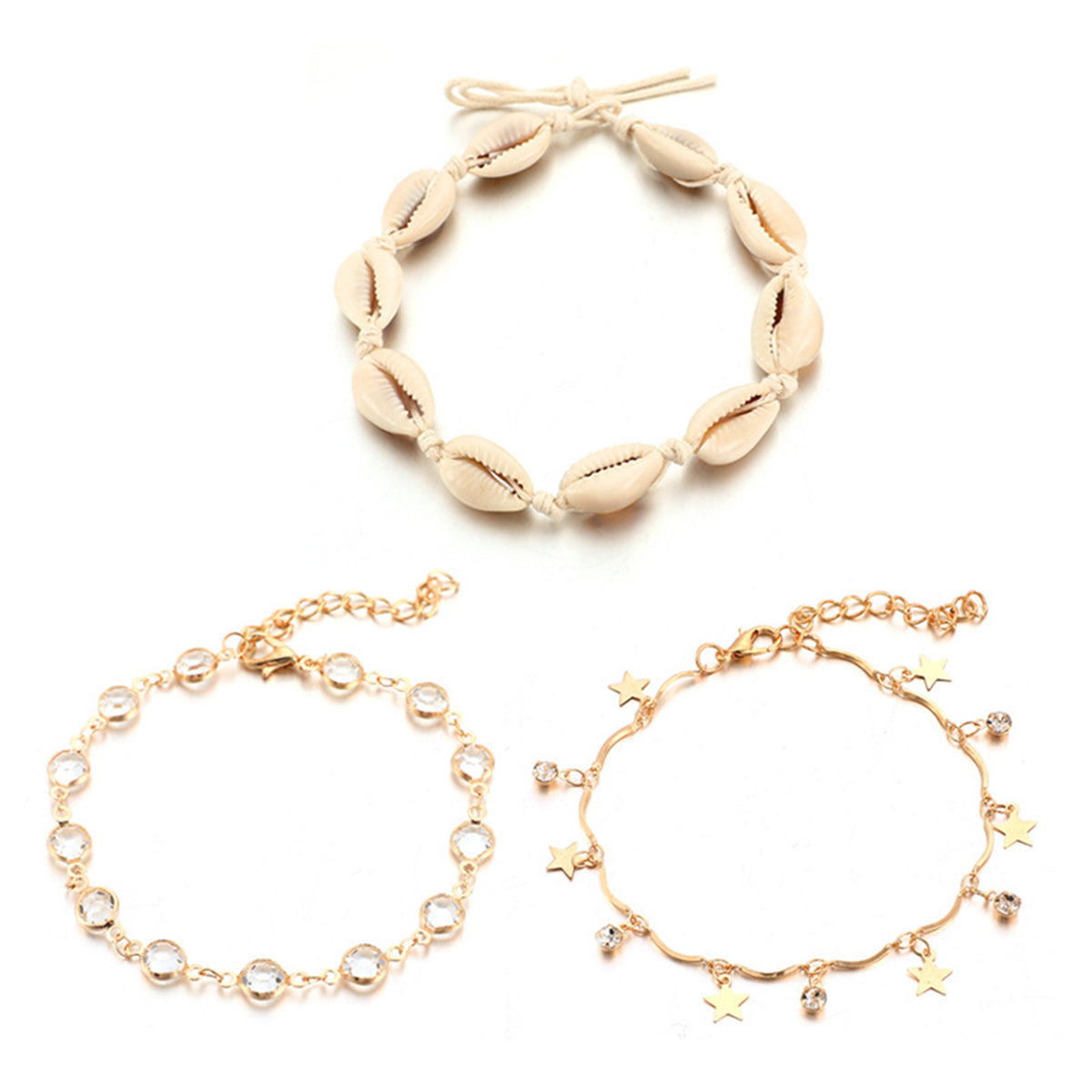 Cubic Zirconia & 18K Gold-Plated Star Station Anklet Set