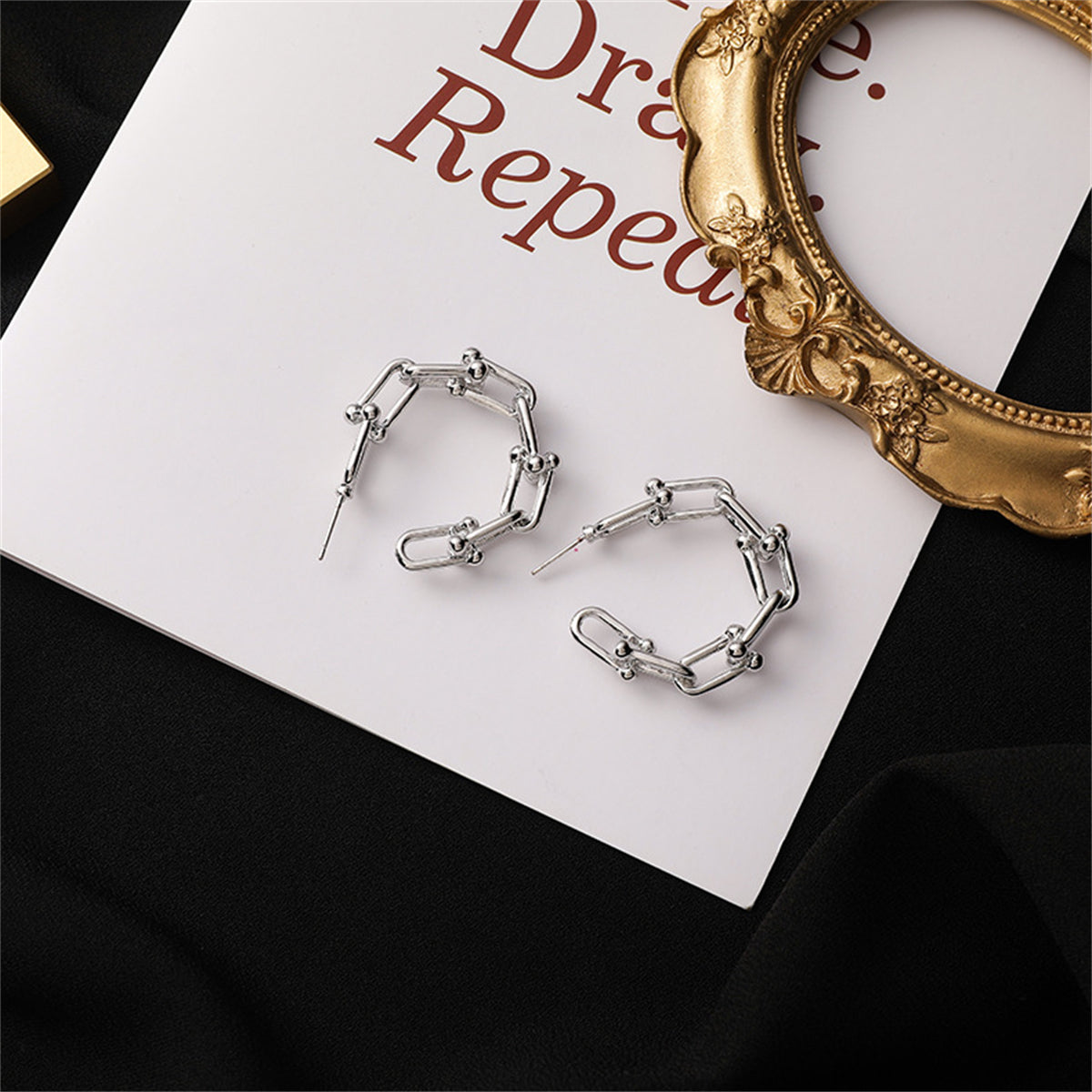 Silver-Plated Studded Paperclip Hoop Earrings, silver stud earrings for women, botanical inspired, detail close-up