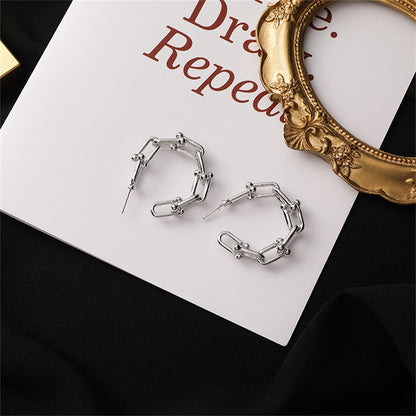 Silver-Plated Studded Paperclip Hoop Earrings, silver stud earrings for women, botanical inspired, detail close-up