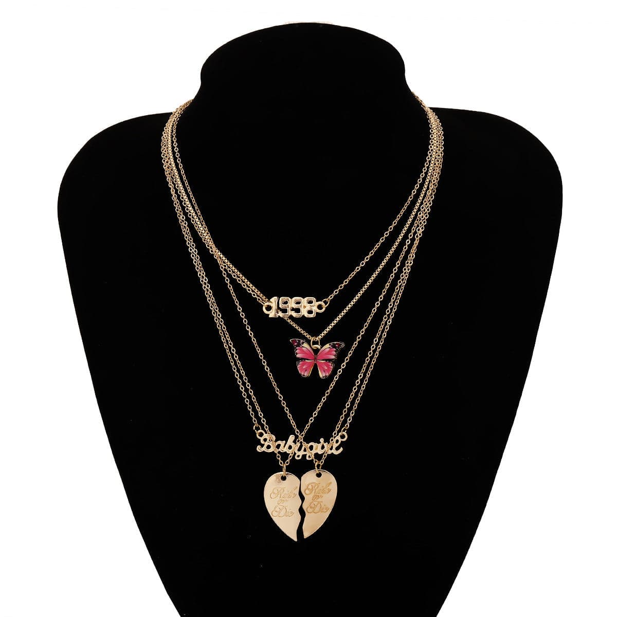 Pink Enamel & 18K Gold-Plated Butterfly & Heart Pendant Necklace Set