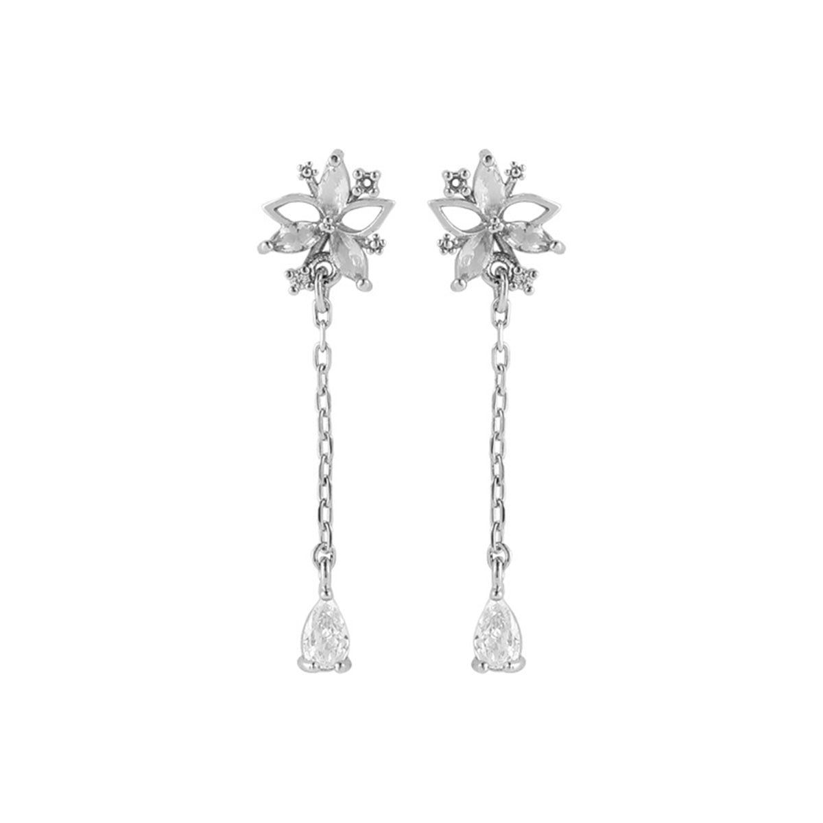 Cubic Zirconia and Crystal Silver-Plated Flower Drop Earrings, silver drop earrings for women, everyday style, side view