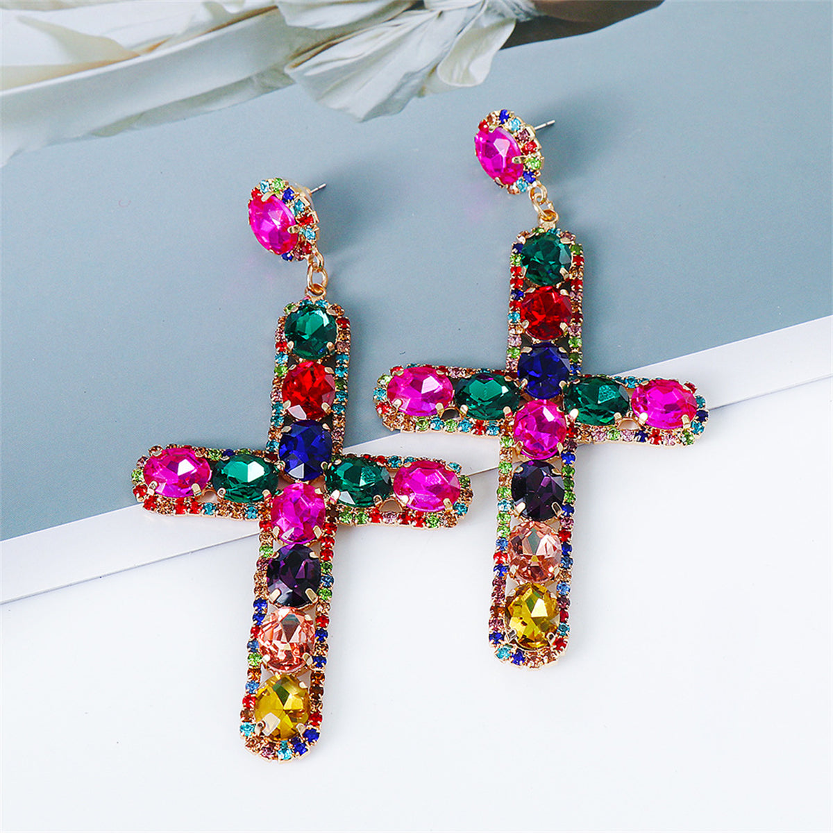 Multicolor Crystal & Cubic Zirconia Pavé Cross Round-Cut Drop Earrings