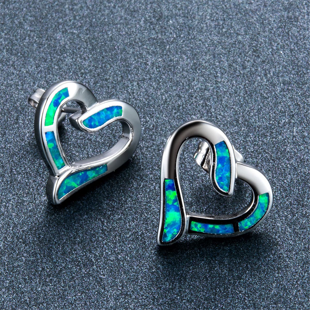 Blue Opal & Sterling Silver Hollow Heart Stud Earrings - streetregion