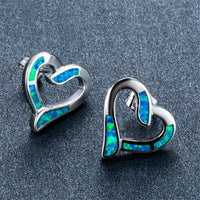 Blue Opal & Sterling Silver Hollow Heart Stud Earrings - streetregion