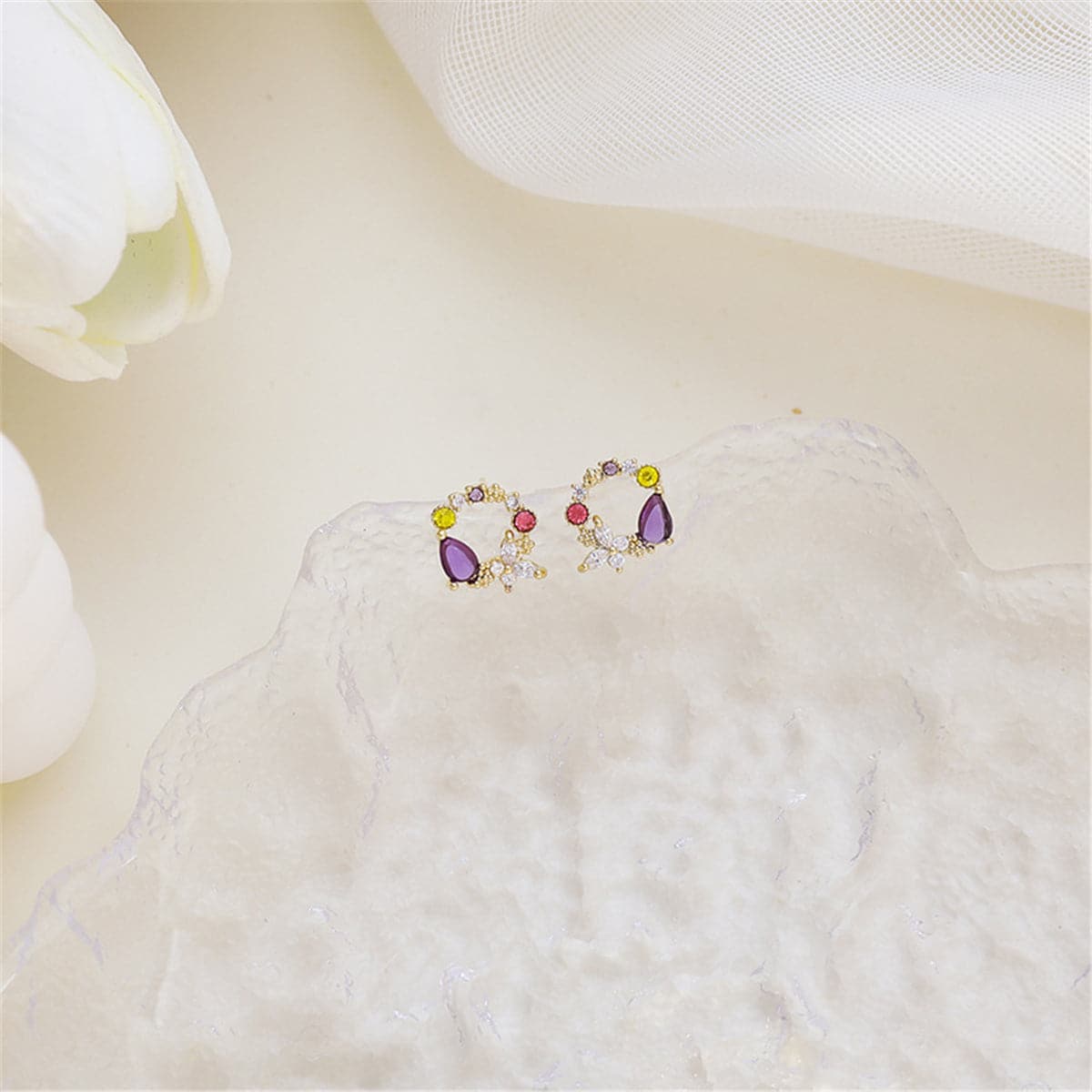 Crystal & 18K Gold-Plated Round Butterfly Stud Earrings