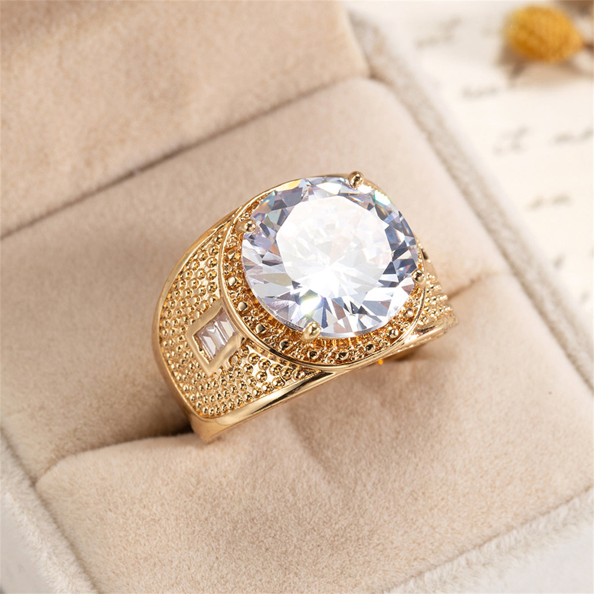 Crystal and 18K Gold-Plated Wide Ring, gold statement rings for women, everyday style, front view