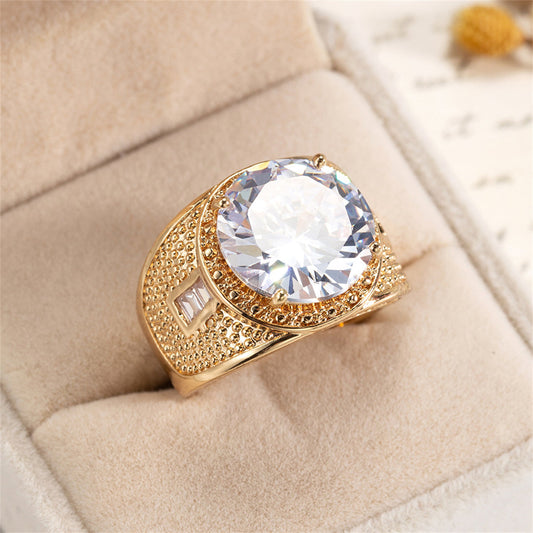 Crystal and 18K Gold-Plated Wide Ring, gold statement rings for women, vintage-inspired design, front view