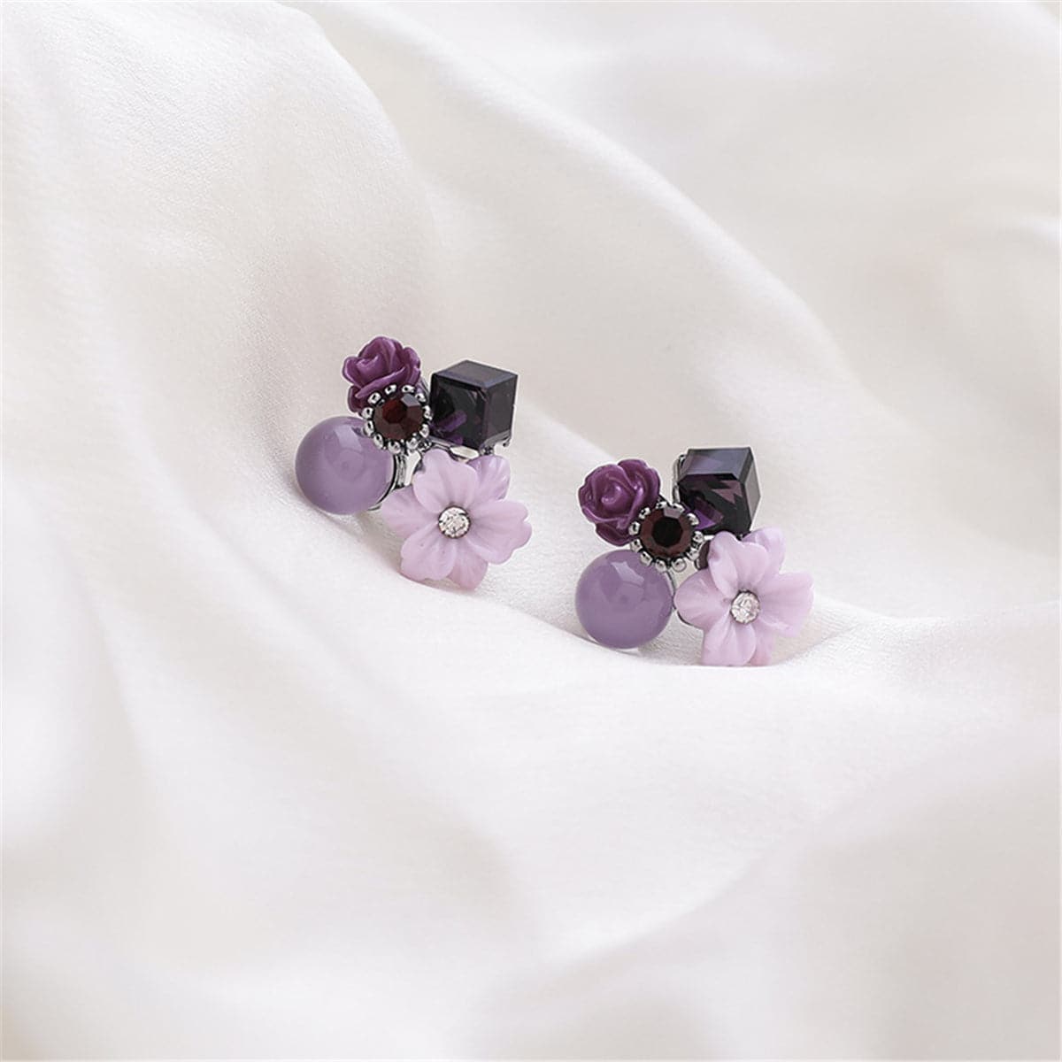 Purple Crystal and Cubic Zirconia Flower Cluster Stud Earrings, stud earrings for women, everyday style, front view