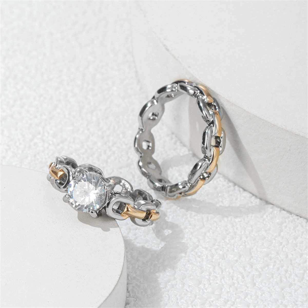 Crystal and Two-Tone Chain Ring Set, jewelry gift sets for women, dainty minimalist design, side view