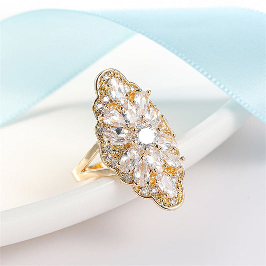 Crystal and 18K Gold-Plated Pear-Cut Pavé Statement Ring, gold statement rings for women, front view