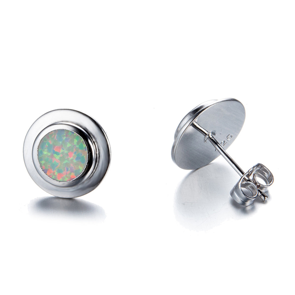 White Opal Round Bezel Stud Earrings