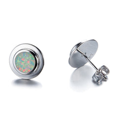 White Opal Round Bezel Stud Earrings